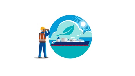 illustration of a man with binoculars looking towards shipping vessel