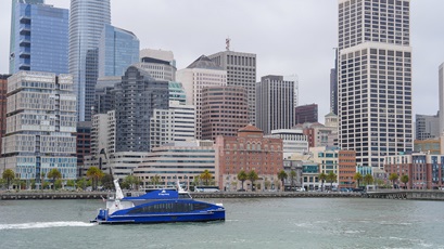 The Sea Change, a hydrogen-powered passenger ferry, plies the waters of the San Francisco Bay. 